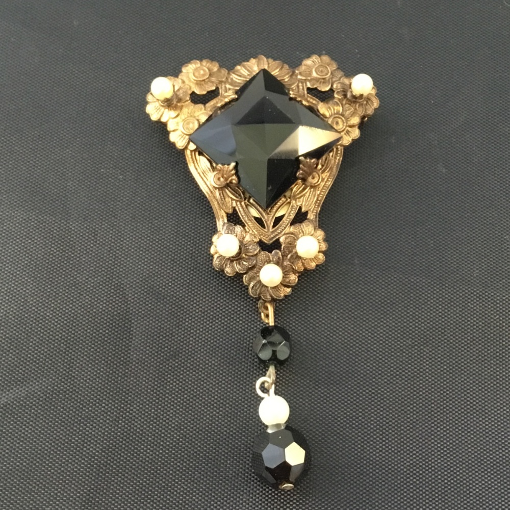 Vintage Pin Brooch Jet Pearls Gold Tone 3" long - Picture 3 of 7
